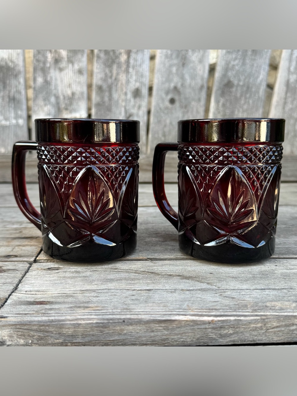 Set of 2 vintage Cristal d’Arques-Durand ruby red pressed glass coffee mugs